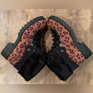Pop KRAFT Leopard Women's Faux Fur Cute Soft Comfort Hiker Boots Block Heel 7M